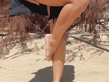 Naked Teen Girl Shows Pussy, Legs and Feet and Toes, Foot, Leg Fetish on Nudist Beach Outdoor